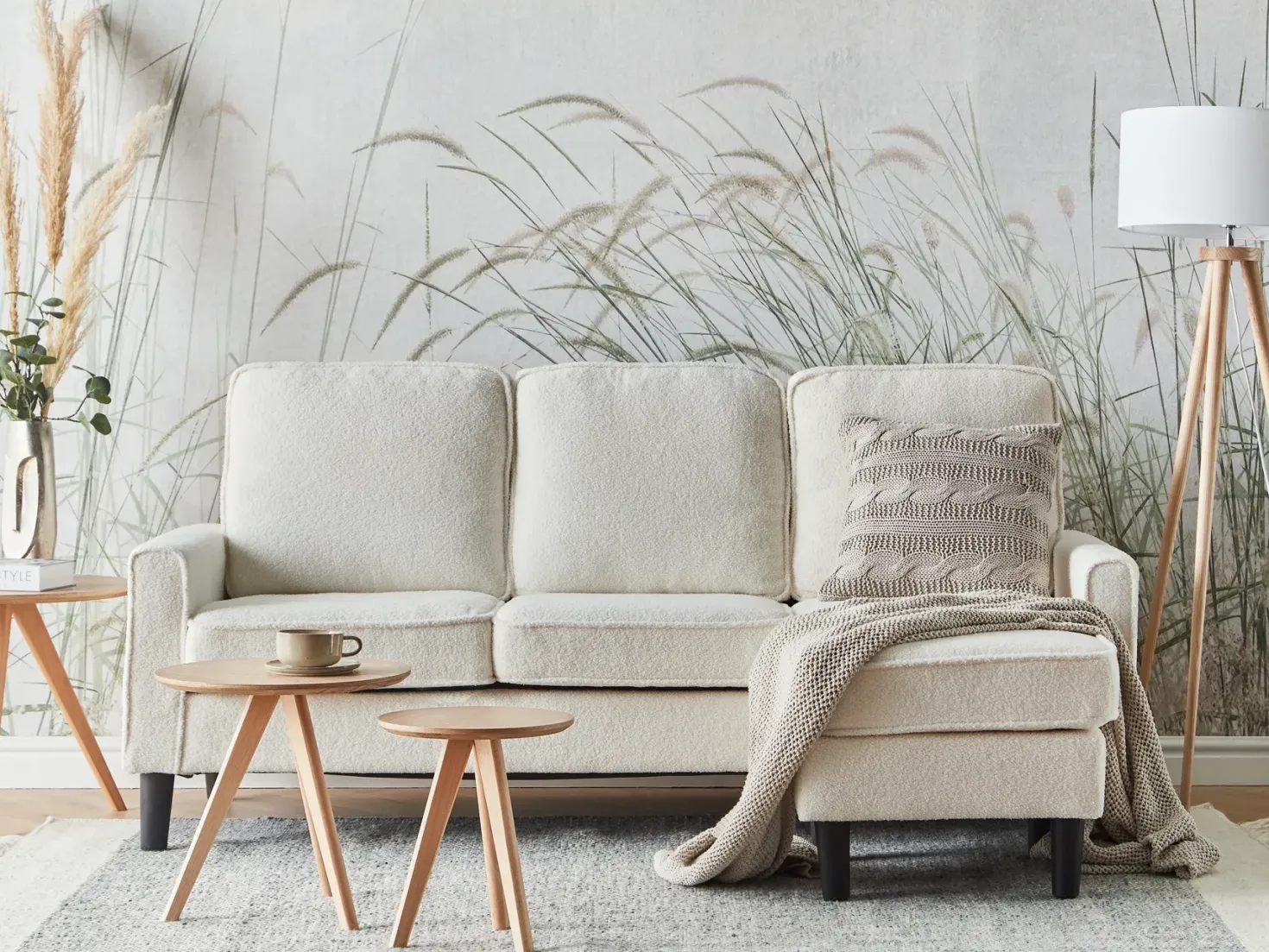 Sofa 3 personers AVESTA Boucle Hvid med fodskammel