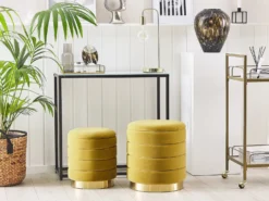 Sæt af 2 opbevaringspuffer GARLAND Velour Sennepsgul
