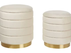 Sæt af 2 opbevaringspuffer GARLAND Velour Lys Beige
