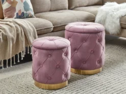Sæt af 2 opbevaringspuffer PUEBLO Velour Lyserød