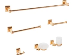 Sæt med 6 badeværelsestilbehør TALARA Med håndtag og kroge til håndklæder Guld