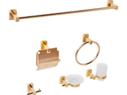 Sæt med 6 badeværelsestilbehør POCONE Med håndtag og kroge til håndklæder Guld