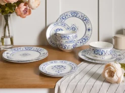 Sæt med 12 stykker service GALANGAL Porcelæn Hvid/blå
