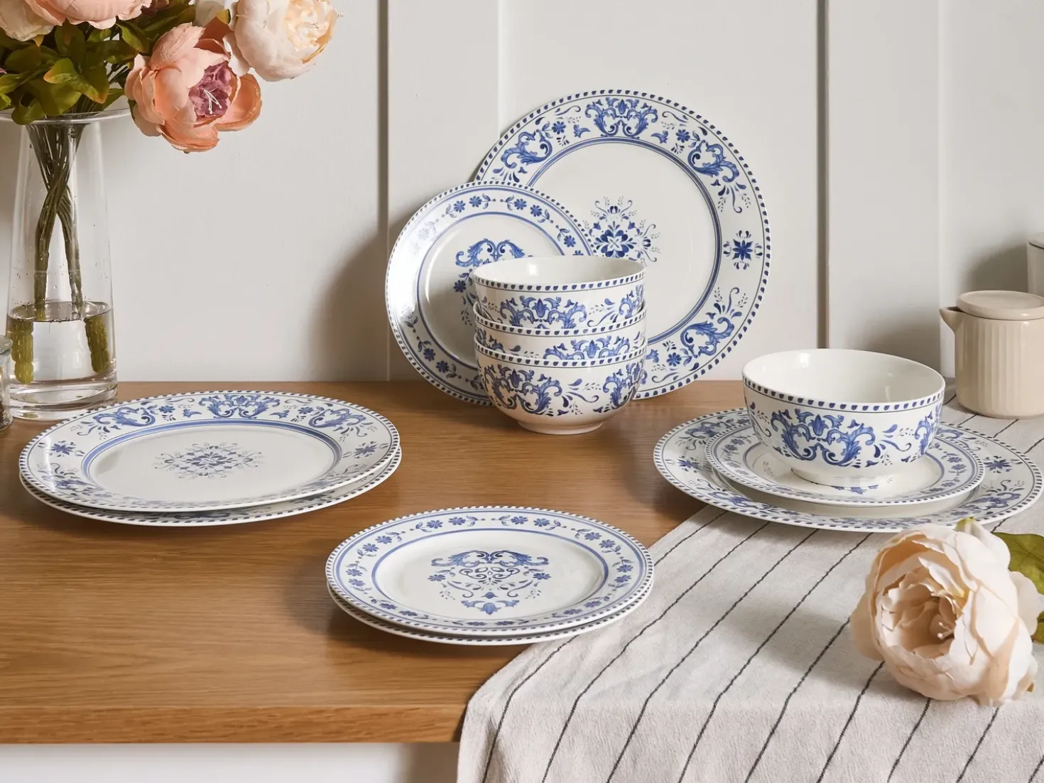 Sæt med 12 stykker service GALANGAL Porcelæn Hvid/blå