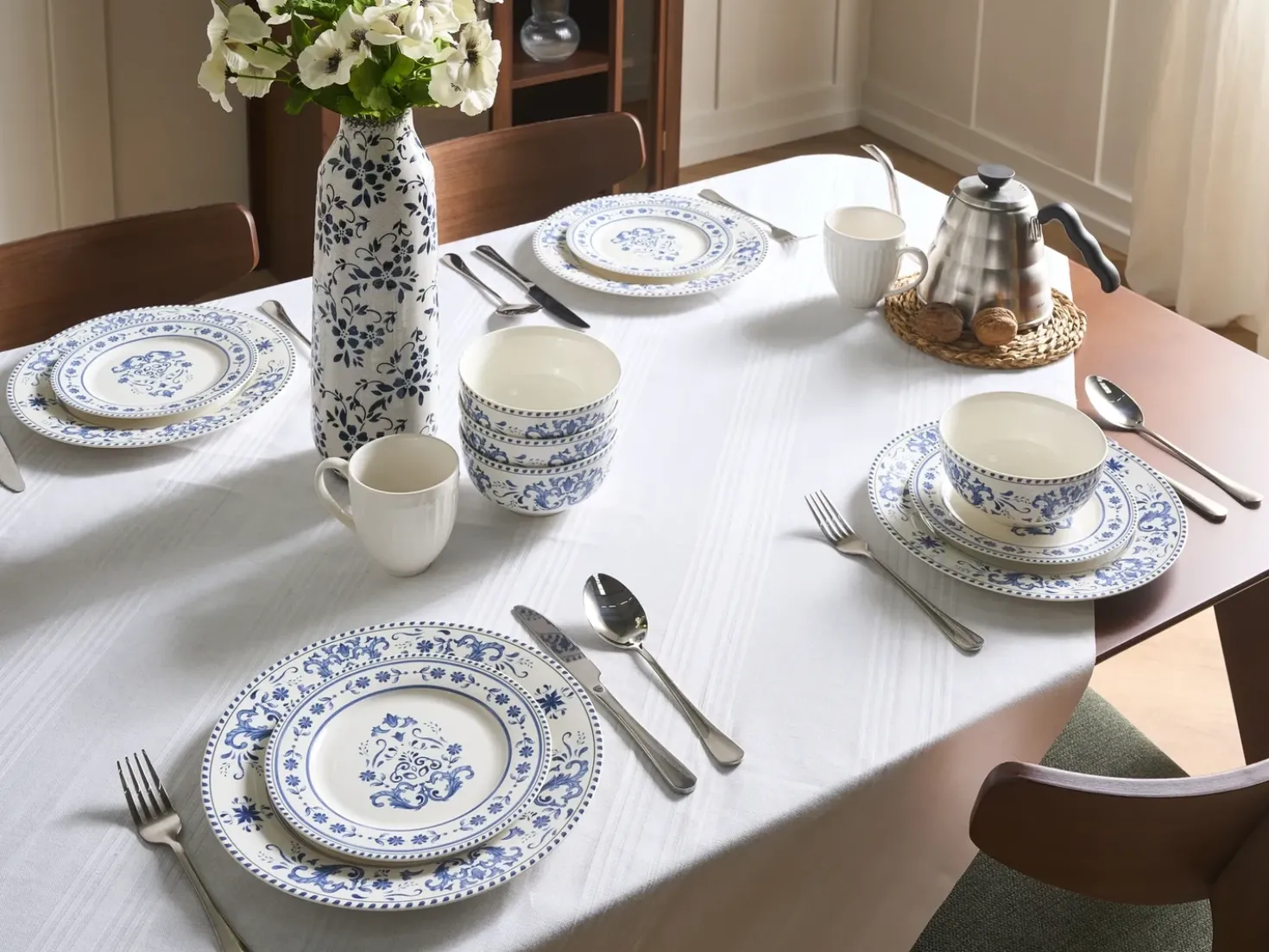 Sæt med 12 stykker service GALANGAL Porcelæn Hvid/blå