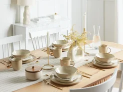 Sæt med 12 stykker service HOPS Stentøj Lys Beige