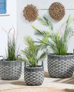 Sæt af 3 flet kurve til planter GEFIRA 31/39/49 cm Grå PE-rattan