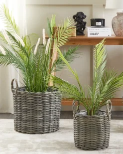 Sæt af 3 flet kurve til planter NIKITI 29/35/40 cm Brungrå PE-rattan