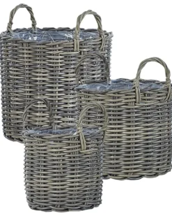 Sæt af 3 flet kurve til planter NIKITI 29/35/40 cm Brungrå PE-rattan