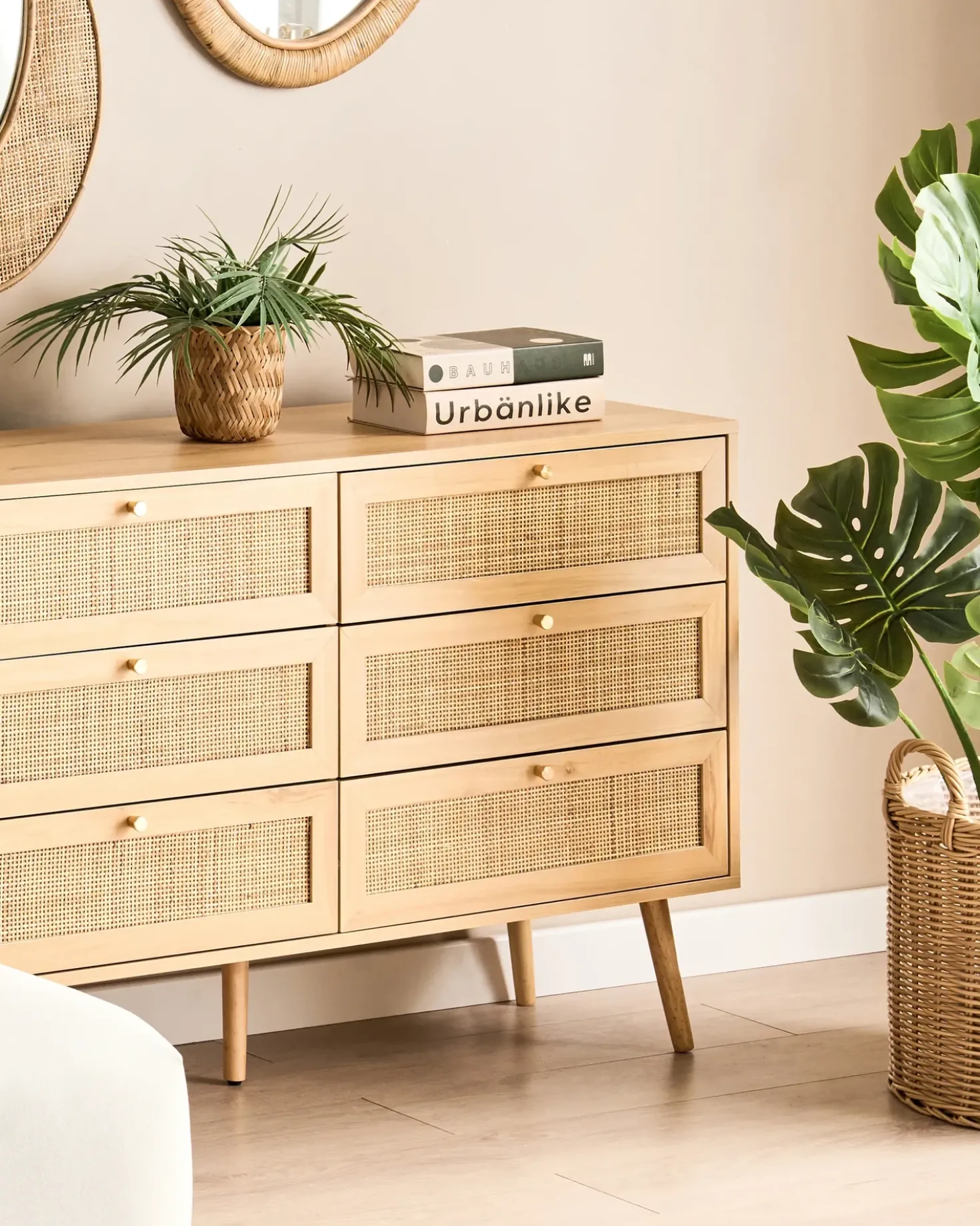Sæt af 3 flet kurve til planter PENDULA 33/37/45 cm Naturlig PE-rattan