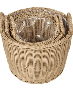 Sæt af 3 flet kurve til planter PENDULA 33/37/45 cm Naturlig PE-rattan
