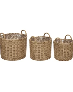 Sæt af 3 flet kurve til planter PENDULA 33/37/45 cm Naturlig PE-rattan