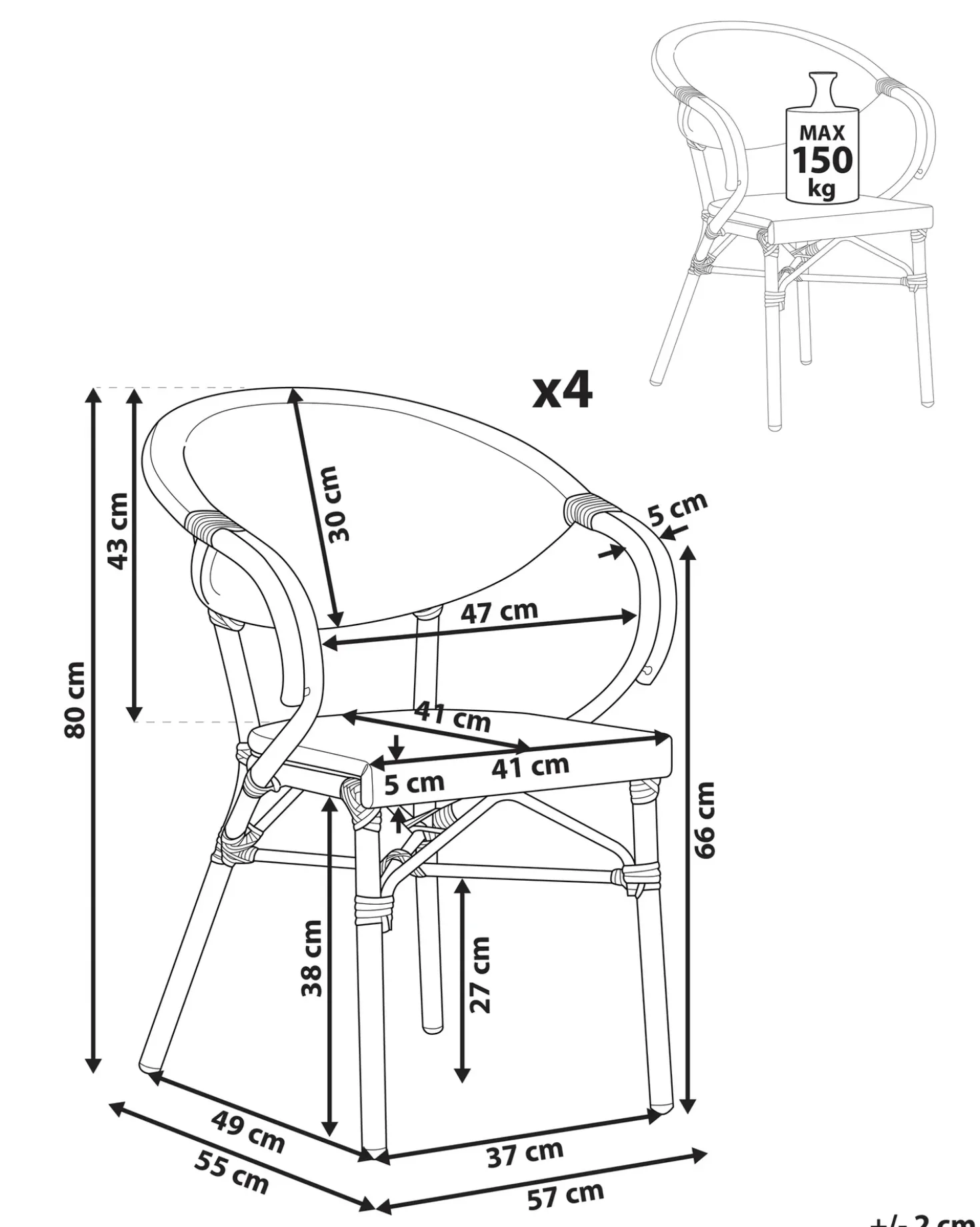 Sæt af 4 havestole CASPRI PE-rattan Sort/hvid