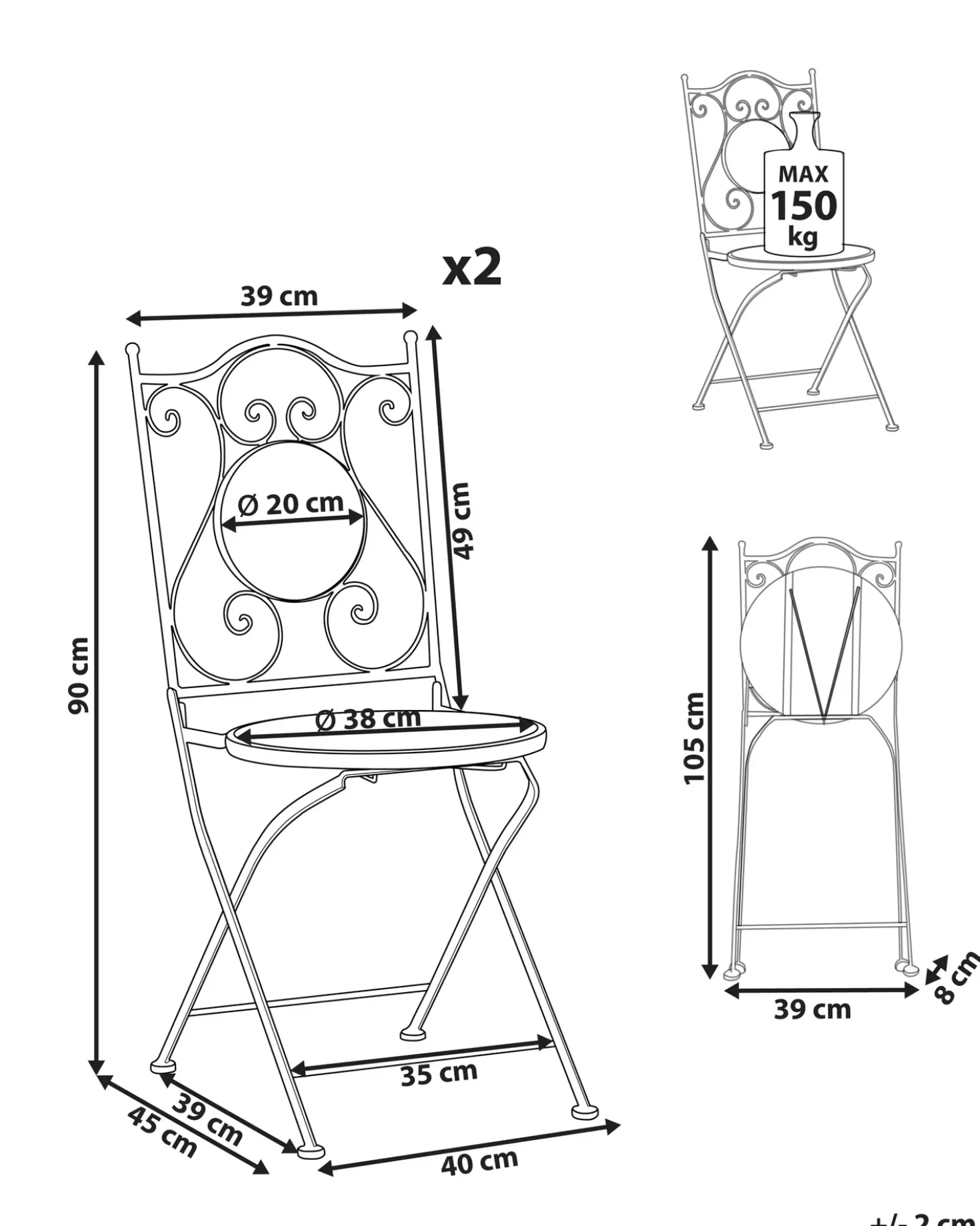 Sæt af 2 havestole COMISO Foldbar Metal Sort/hvid