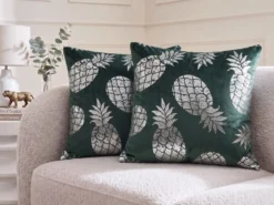 Sæt af 2 pyntepuder ASTILBE Velour 45 x 45 cm Mørkegrøn Plante mønster