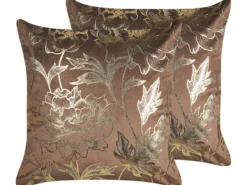 Sæt af 2 pyntepuder DAFFODIL Velour 45 x 45 cm Brun Blomstermønster