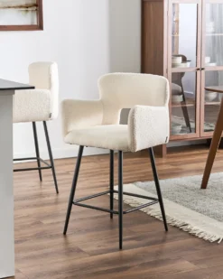 Sæt med 2 barstole SANILAC Boucle Cremehvid