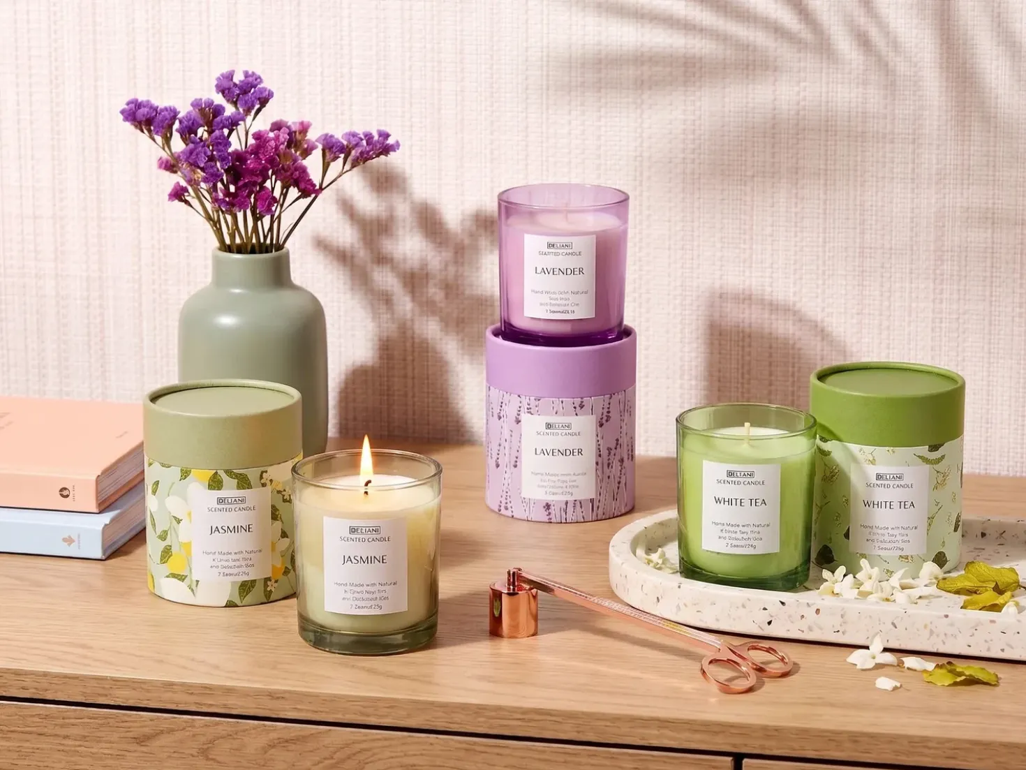 Sæt med 3 duftlys COLORFUL BARREL Soja voks Fresh notes Blomster noter