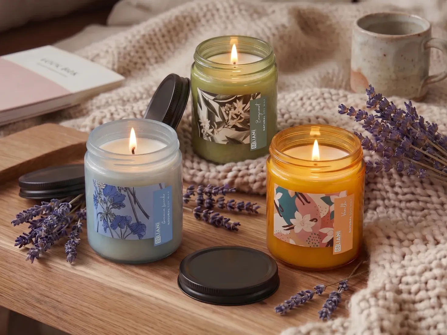 Sæt med 3 duftlys FRUITY BLOOM Soja voks Fresh notes Blomster noter