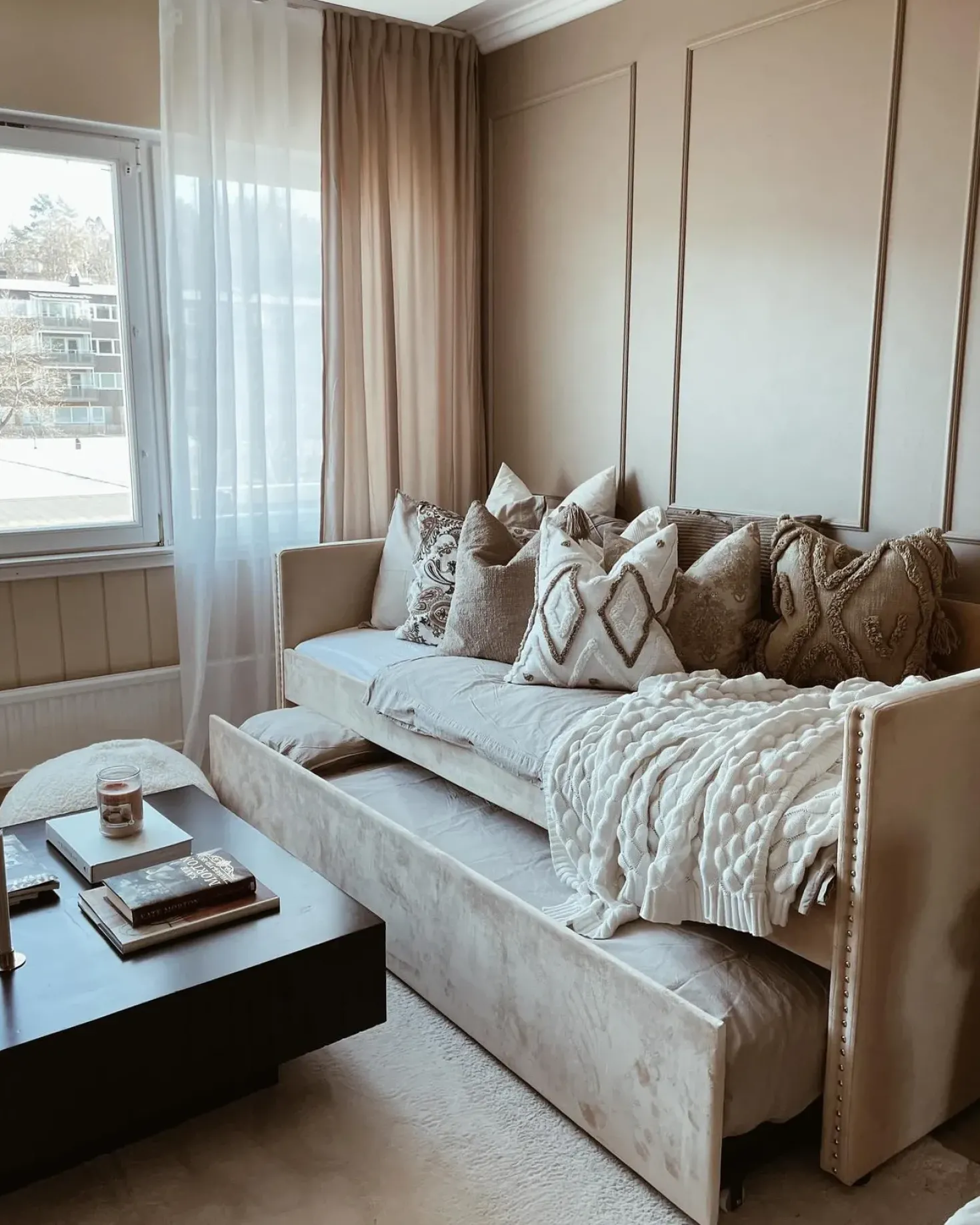 Udtræksseng Velour TROYES 90 x 200 cm Beige