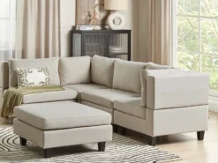 UNSTAD 4 personers Hjørnesofa modul Højrevendt Lys Beige med fodskammel