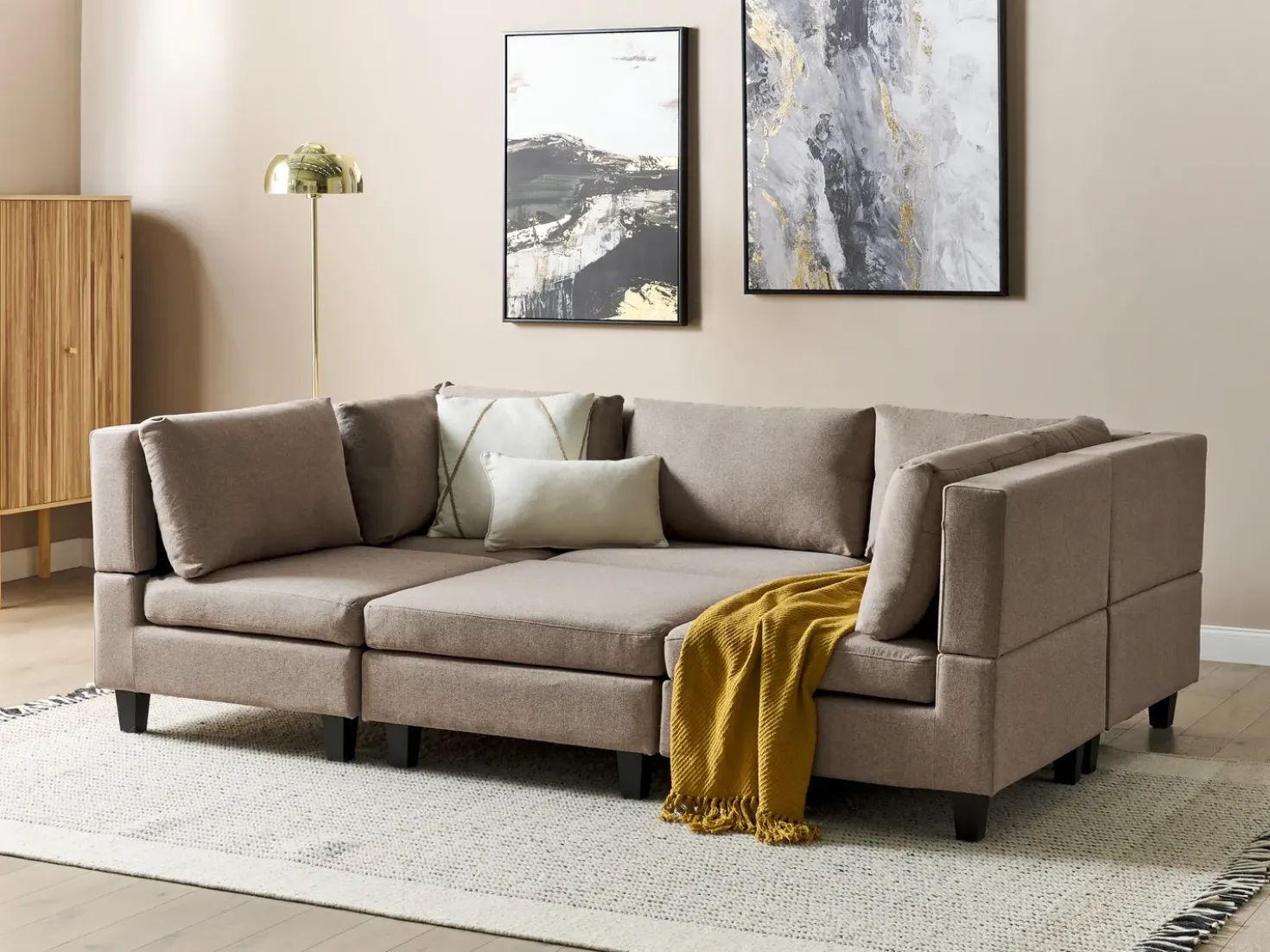 UNSTAD 5 personers U-formet modulsofa Brun med fodskammel