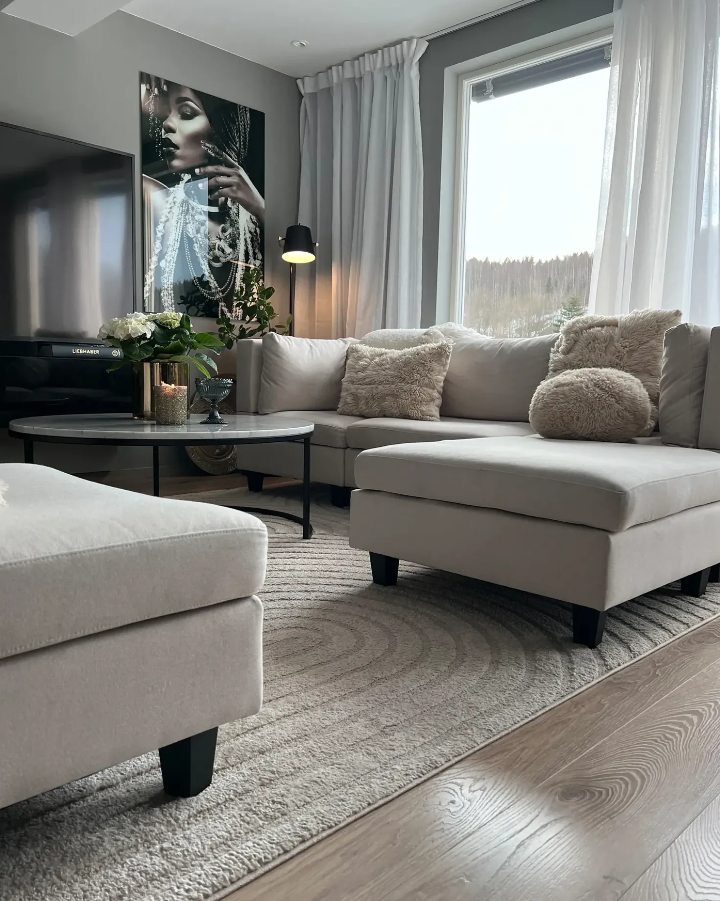 UNSTAD 5 personers U-formet modulsofa Lys Beige med fodskammel