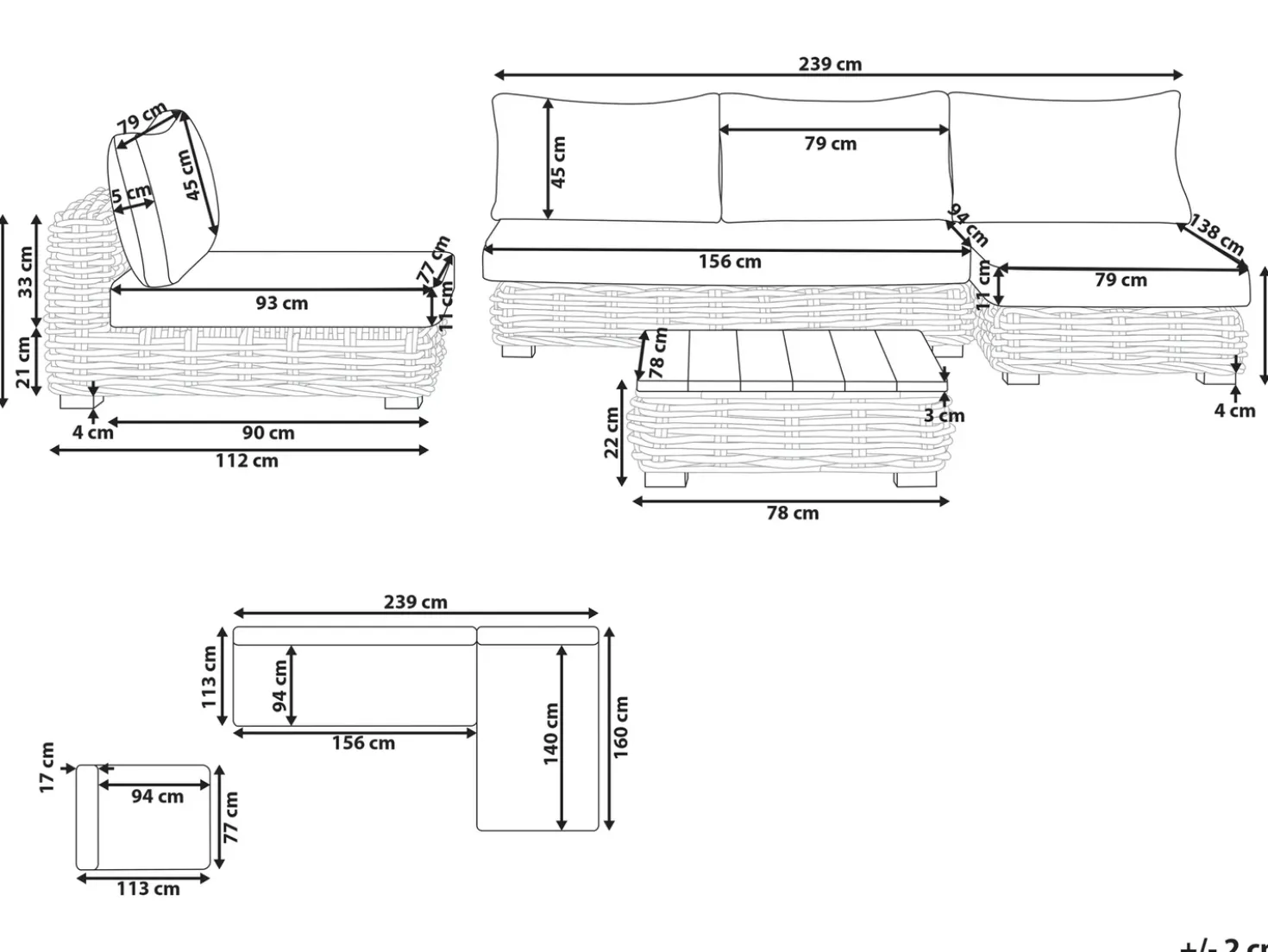VARALLO 4 personers Loungesæt med bord Højrevendt Grå Rattan