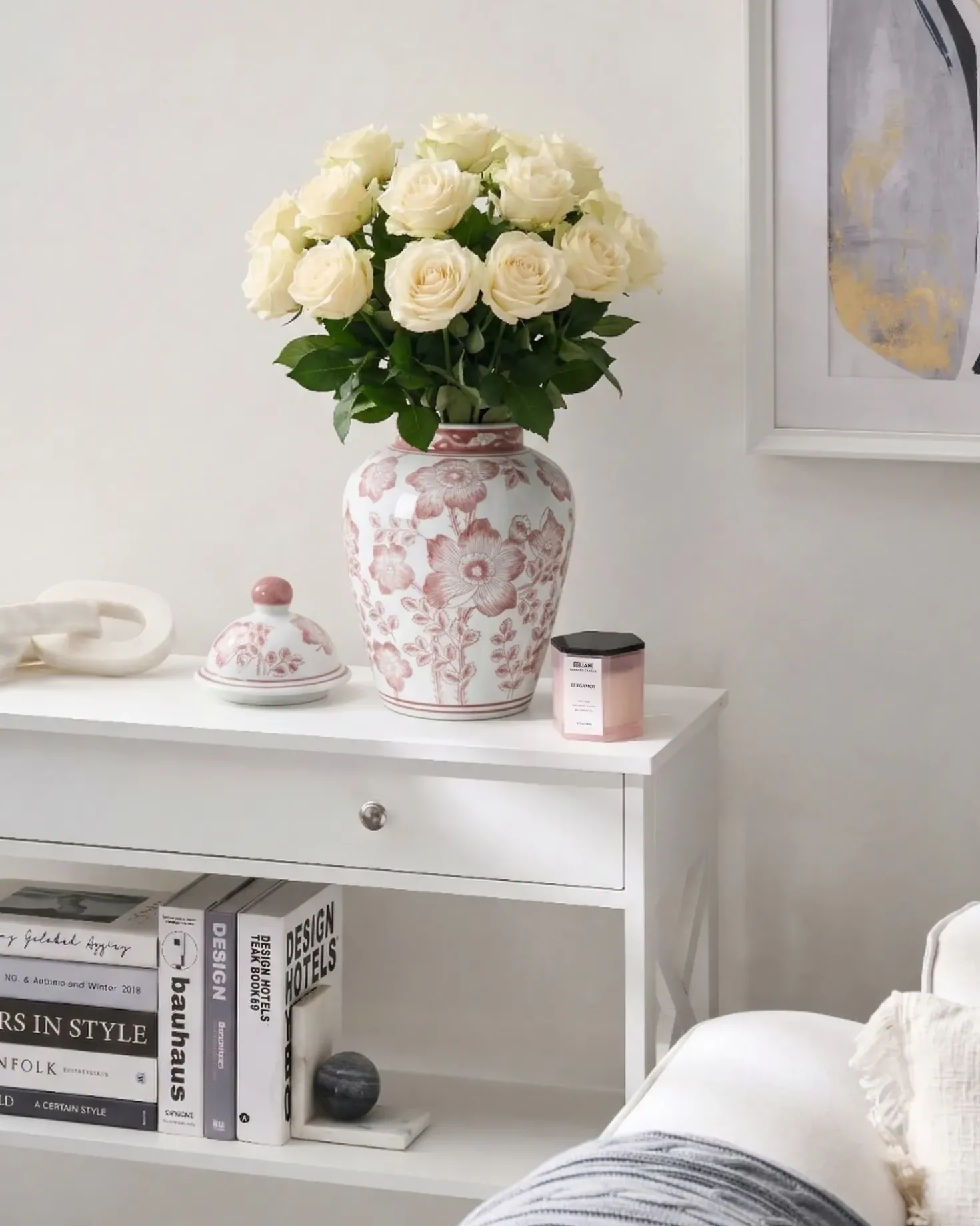 Vase med låg MOGUER Porcelæn 36 cm Rød/Hvid