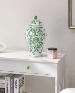 Vase med låg MONDRAGON Porcelæn 37 cm Hvid/ Grøn