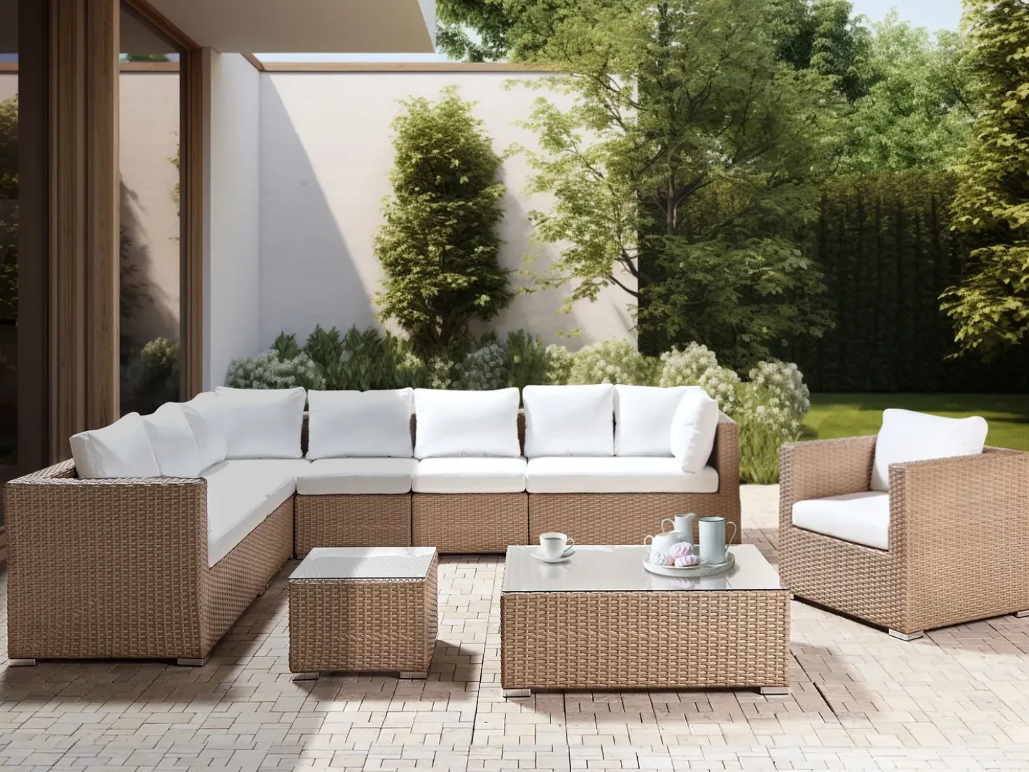 XXL 8 personers Loungesæt med bord Højrevendt Sand Beige PE-rattan